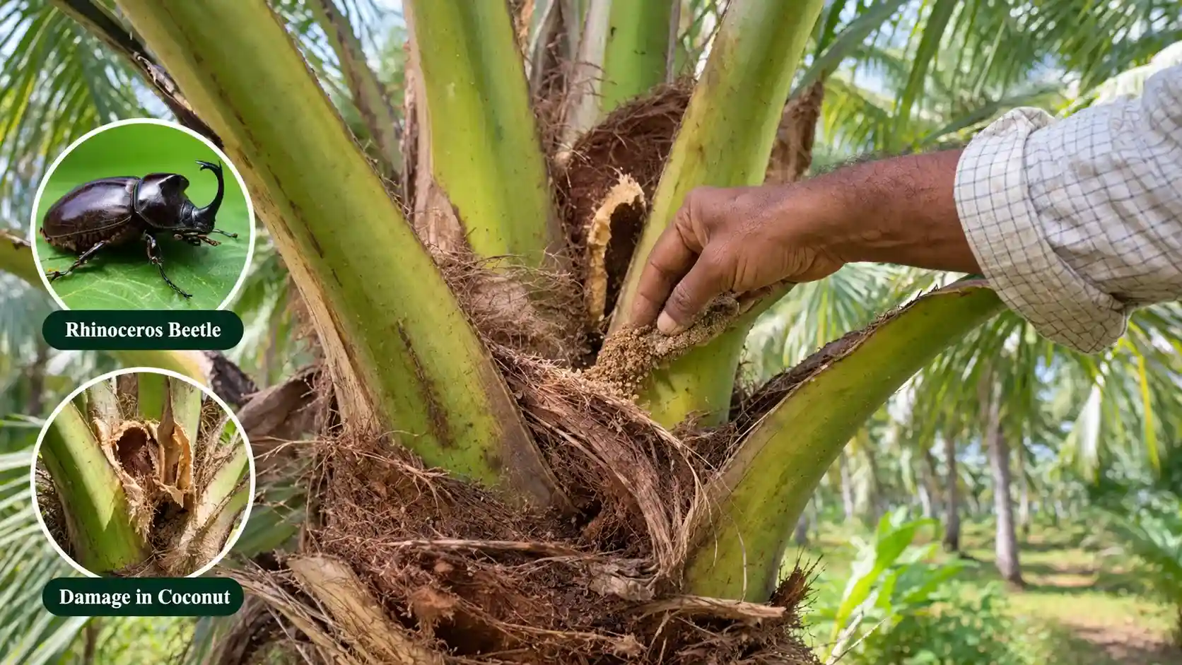 Blog post illustration for Crushed Neem Seed for Coconut Trees: How Farmers Use It Against Rhinoceros Beetle